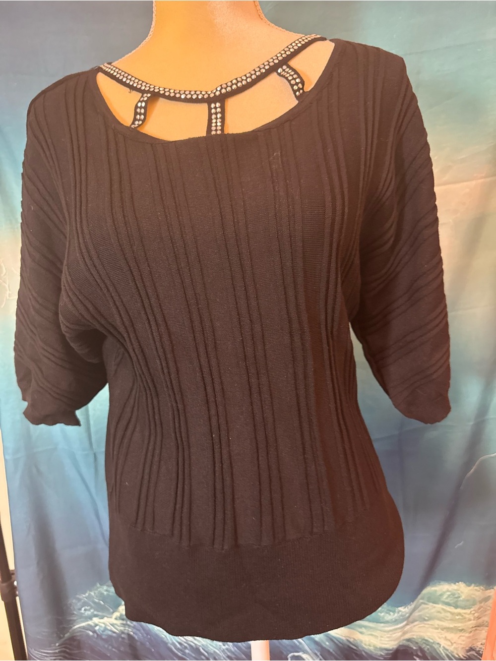 Adrienne Vittadini Black Ribbed Scoop Neck Sweater with Rhinestone Cutout
